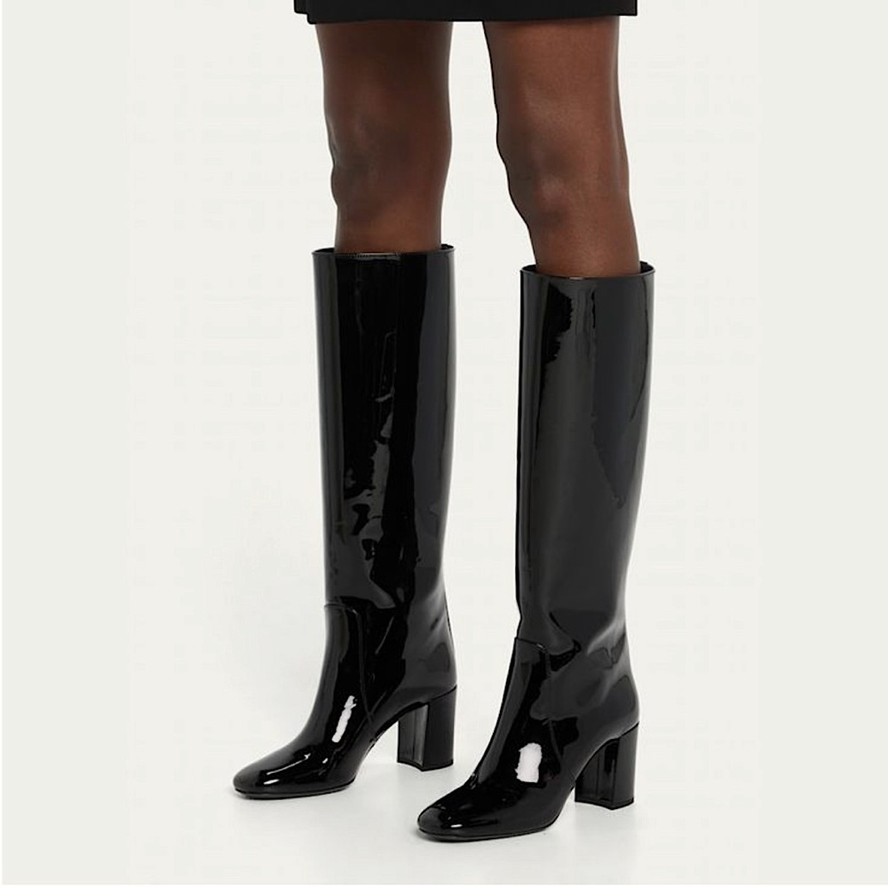 Saint Laurent Pull On Knee High Boot Black Leather Block Heel “WHO” Sz 39 READ